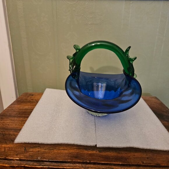 Tiffany & Co crystal Murano style blue and green art glass basket - Picture 4 of 4